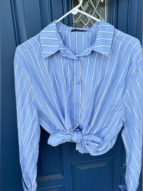 Striped Blue Tie-Front Button-Up Blouse